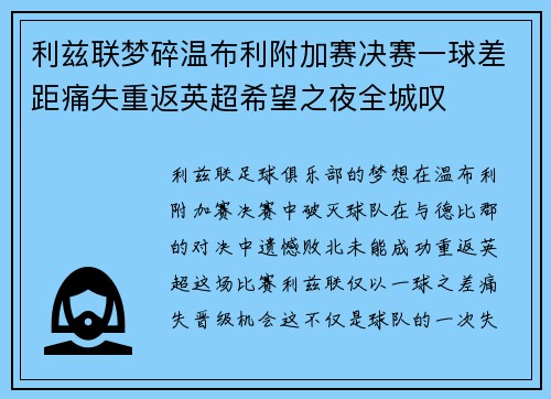 利兹联梦碎温布利附加赛决赛一球差距痛失重返英超希望之夜全城叹