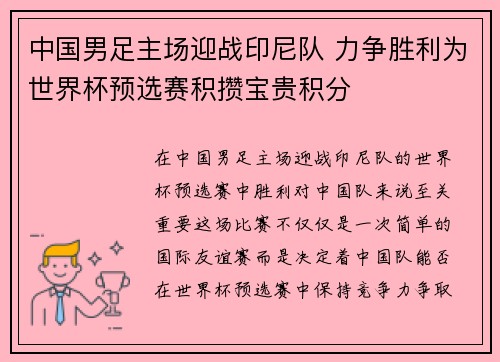 中国男足主场迎战印尼队 力争胜利为世界杯预选赛积攒宝贵积分